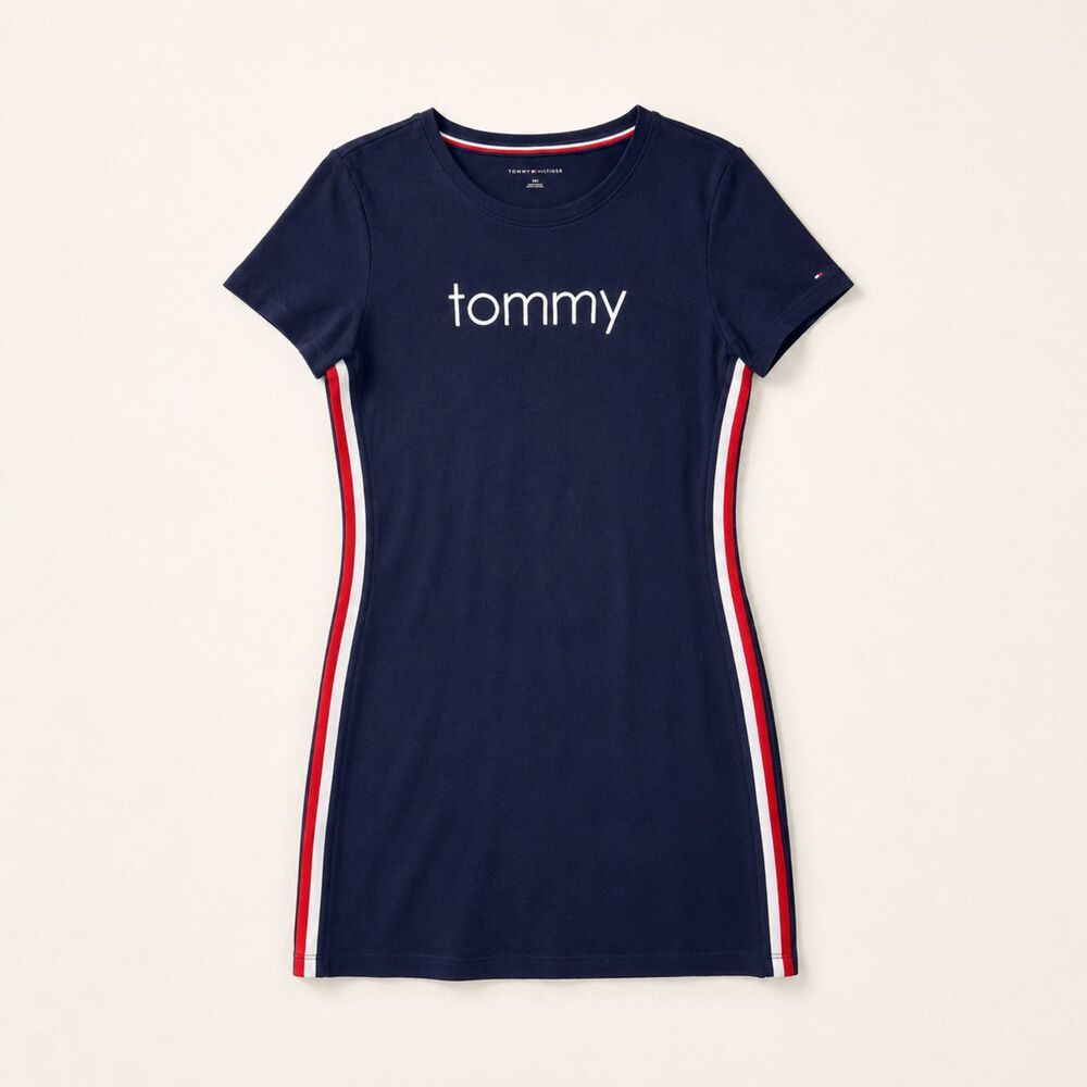 Tommy Hilfiger Womens M Navy Logo T-Shirt Dress Side Stripe Stretch Cotton Mini - Picture 1 of 6